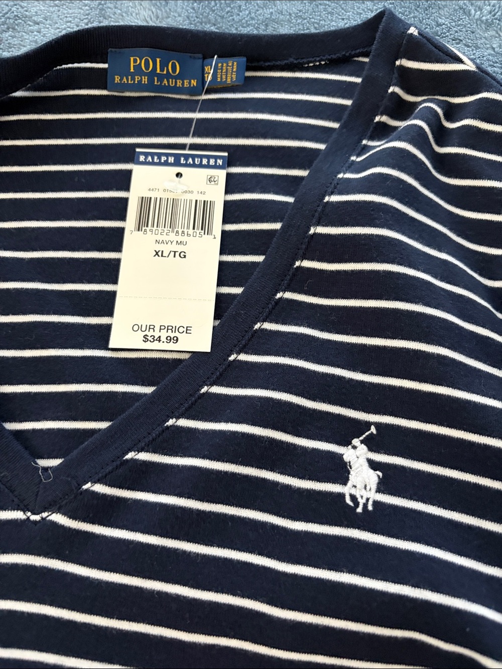Ralph Lauren Navy and White Striped V-Neck Shirt